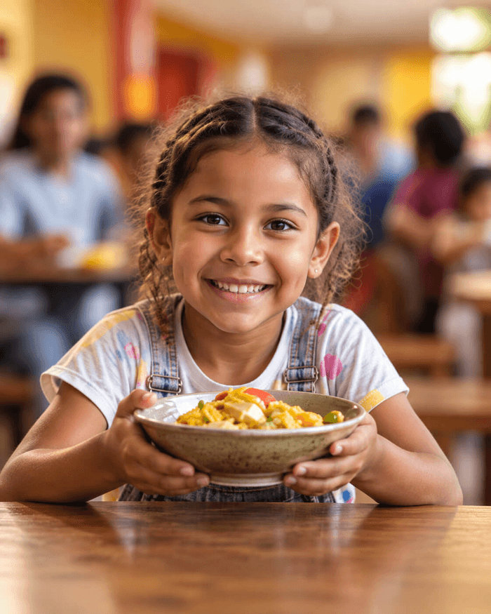 Niña sonriendo mientras sostiene un plato de comida.
