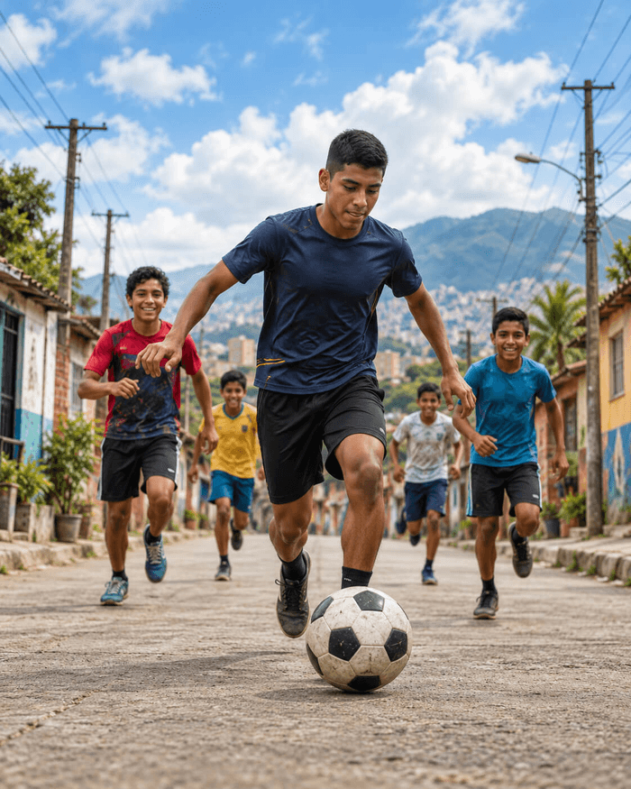 Jóvenes jugando fútbol en una cancha comunitaria.