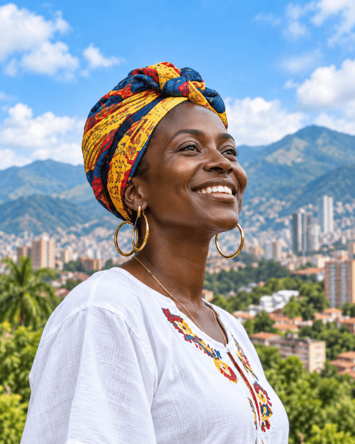 Mujer con turbante colorido sonriendo, con un paisaje de montañas y ciudad de fondo.