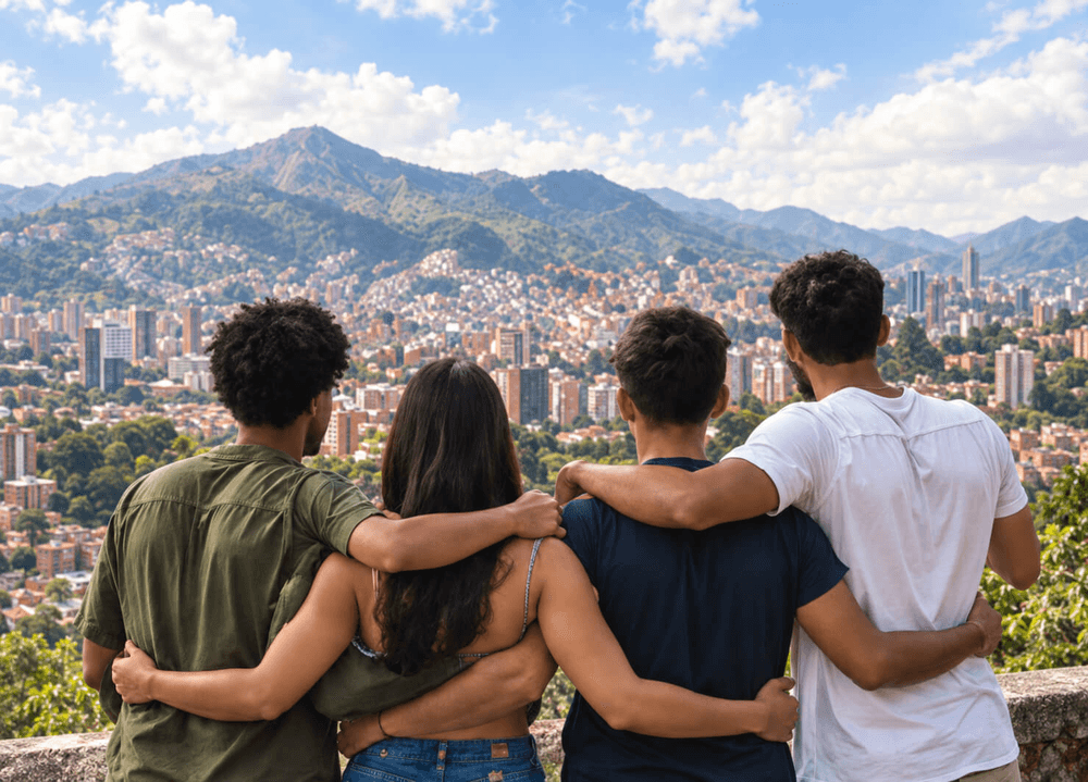 Grupo de cuatro jóvenes abrazados de espaldas, contemplando una ciudad rodeada de montañas.