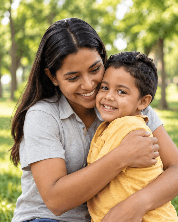 Madre abrazando y sonriendo con su hijo pequeño.