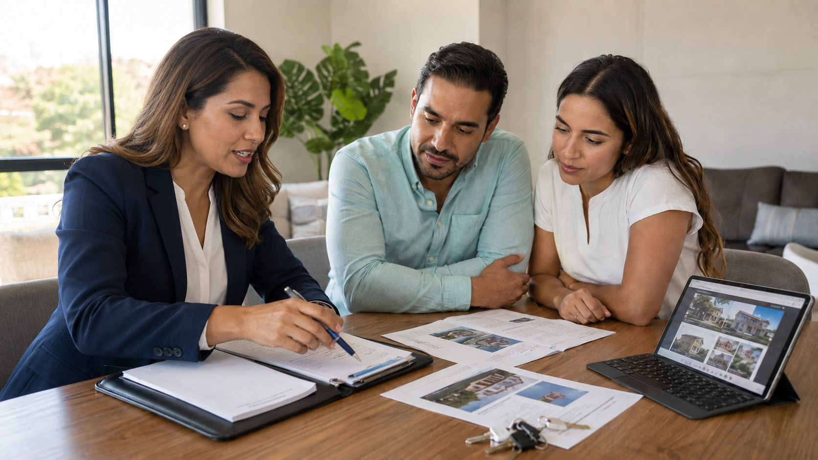 Female real estate agent in a navy blazer explaining property documents and available options to a couple during a bright, professional consultation, with listing sheets, keys, and a laptop displaying homes on the table. Female real estate agent in a navy blazer explaining property documents and available options to a couple during a bright, professional consultation, with listing sheets, keys, and a laptop displaying homes on the table.