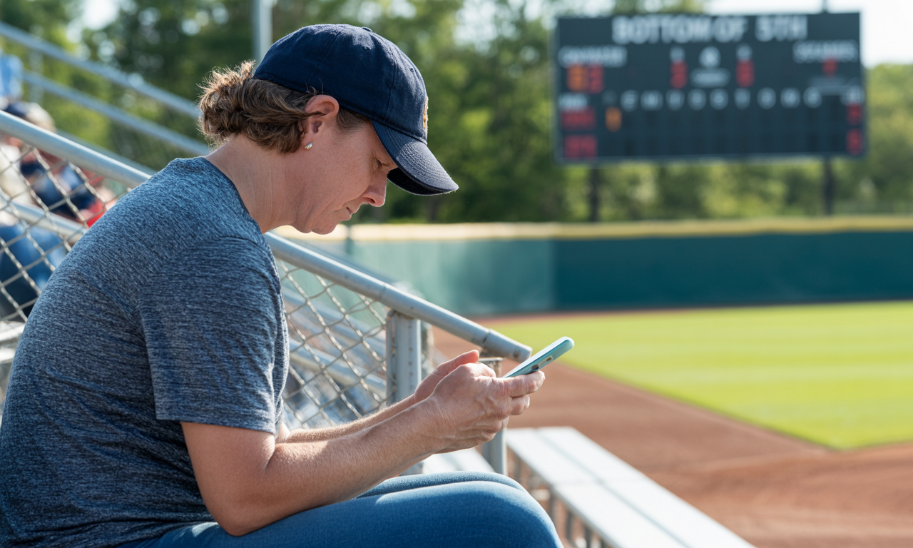 A parent in the bleachers looks down at their phone scorekeeping app while the game plays on behind them.