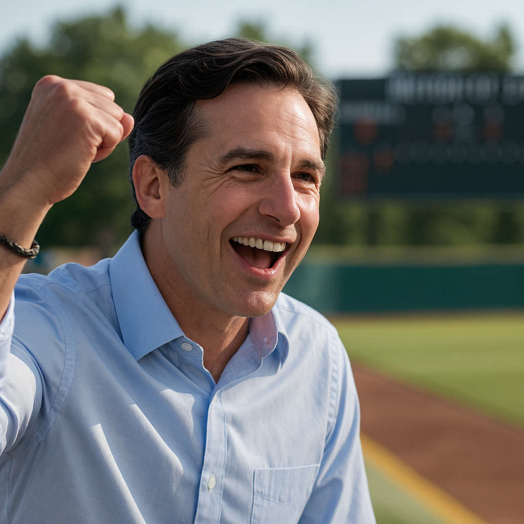 A parent in the stands cheering during a baseball game.