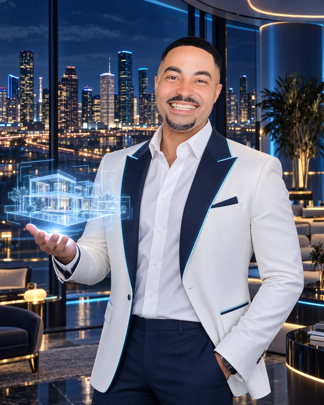 Paul Simien smiling in a white and navy futuristic suit while presenting a holographic home.