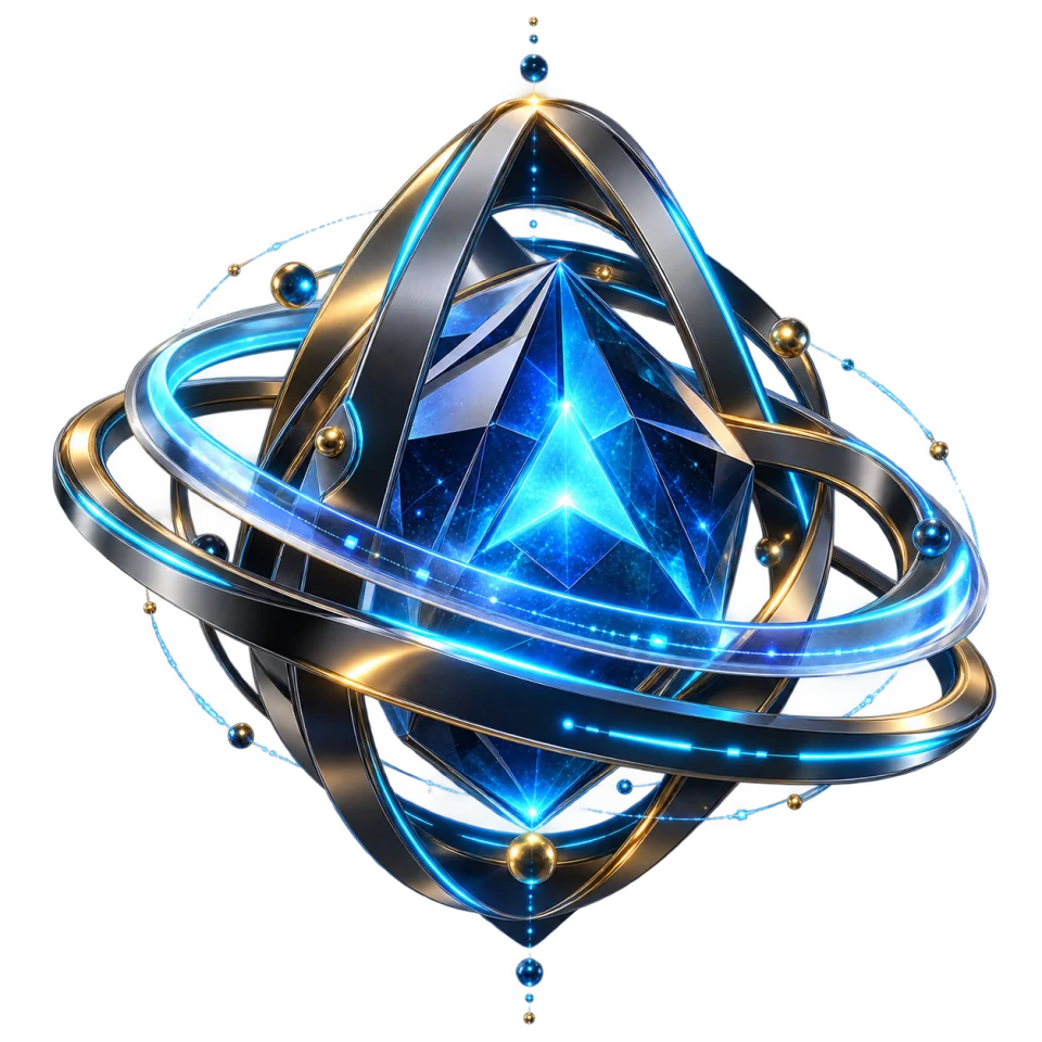 Atlas, represented as a luminous cobalt AI co-pilot core with chrome and gold orbital rings.