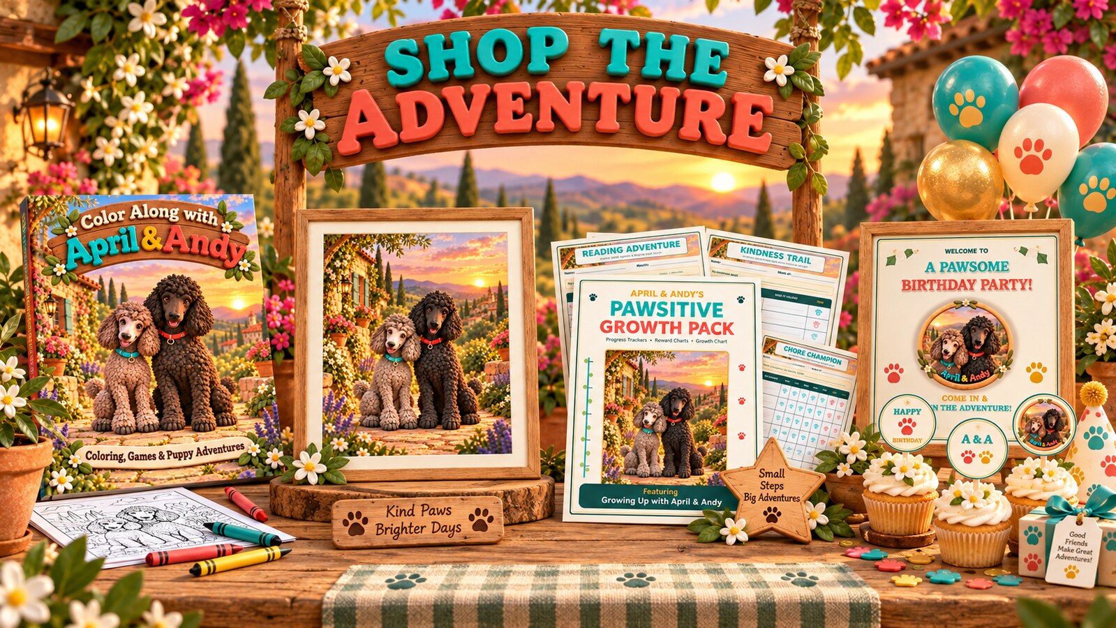 Shop the Adventure — April & Andy coloring book, wall art, growth pack, and birthday printables