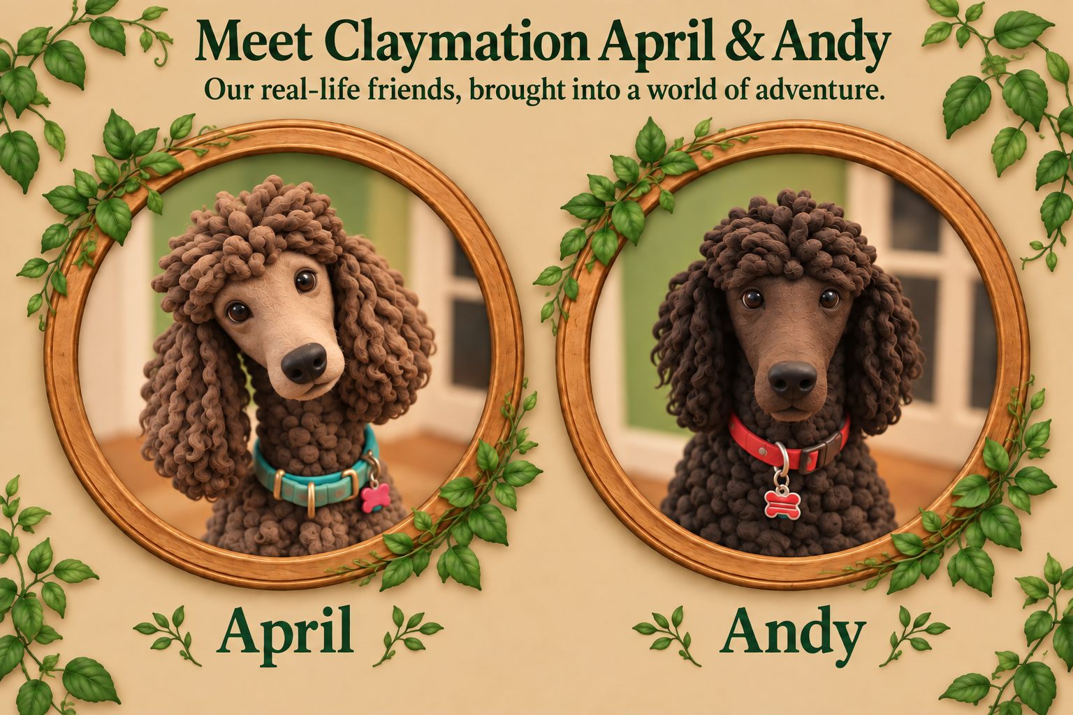 Claymation April and Andy in wooden circles with leaves. April has a teal collar; Andy has a red collar.