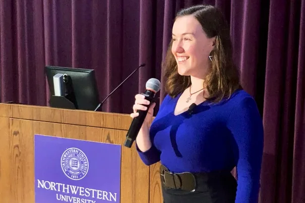 Masha Pavlova emceeing at Northwestern University