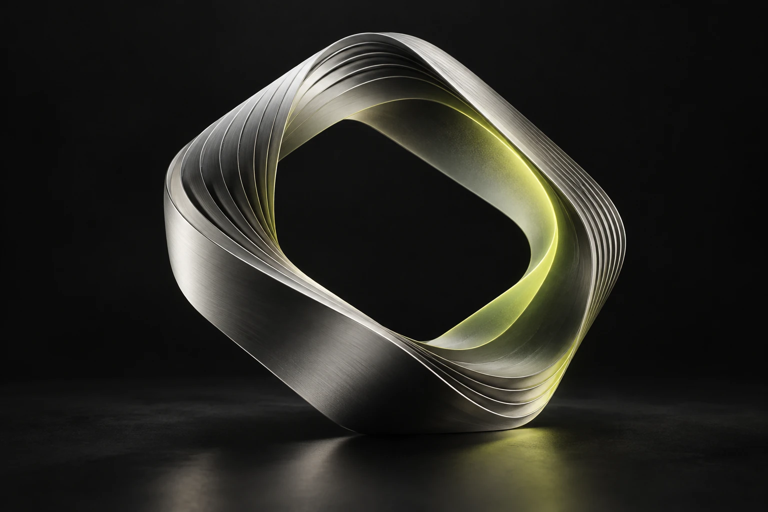 Sculptural silver ribbon with a lime-lit edge