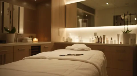 A quiet treatment room with a made-up bed, warm lighting and skincare products on the counter