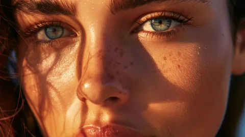 A close-up of freckled skin lit by low golden sunlight