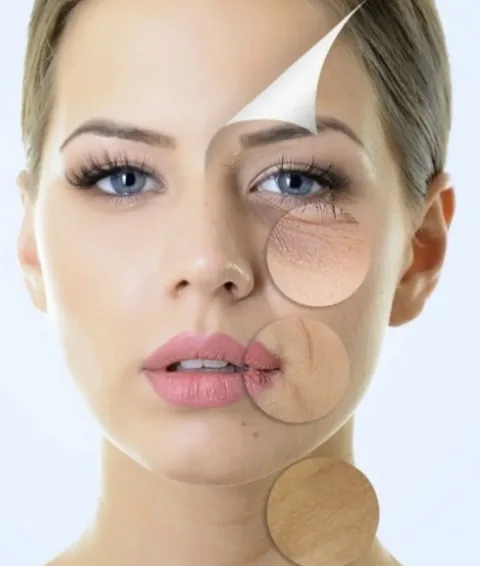 A face shown half smooth and half with lines and uneven texture, illustrating what corrective peels address