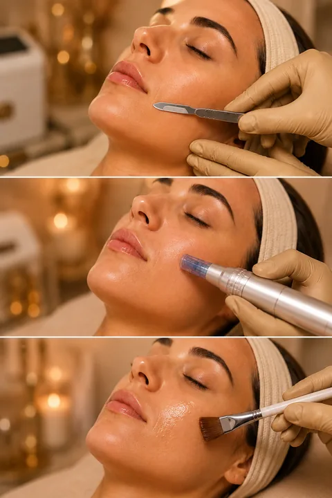 The Stacked Method in sequence: dermaplaning, microneedling, and a corrective serum layered on the skin