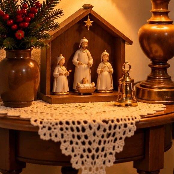 Nacimiento en la mesita, junto a la lámpara