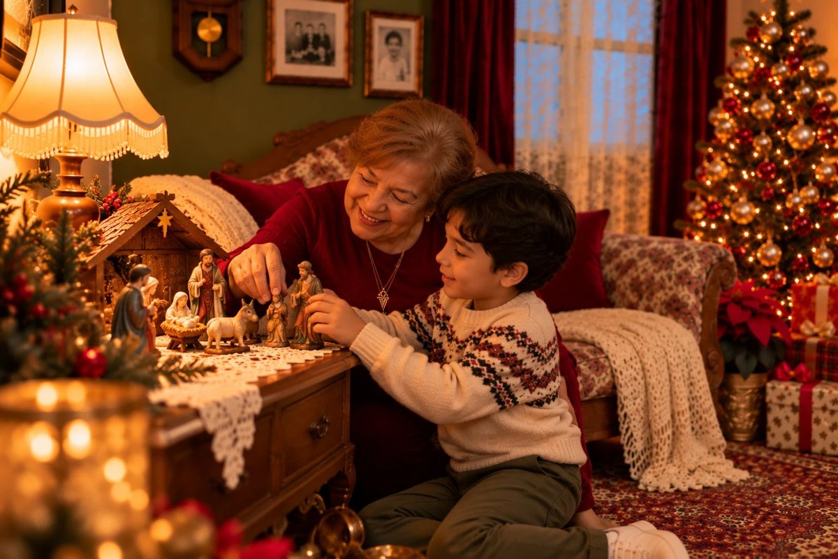 Abuela y su nieto acomodan las figuras del nacimiento