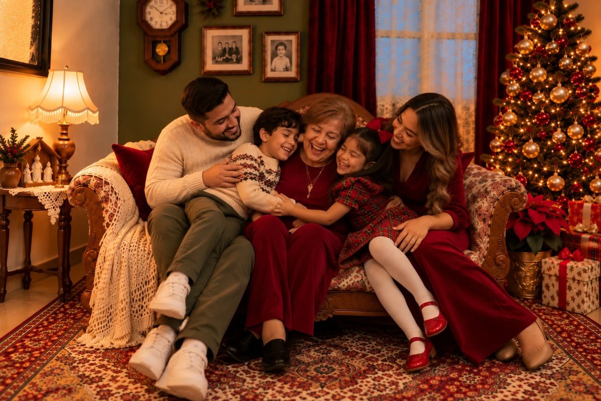La familia abrazada en el sofá, riéndose