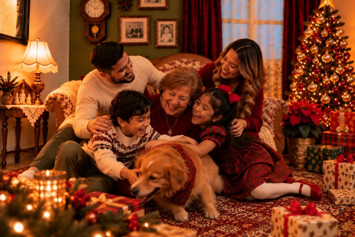 La familia juega con su perro en la sala