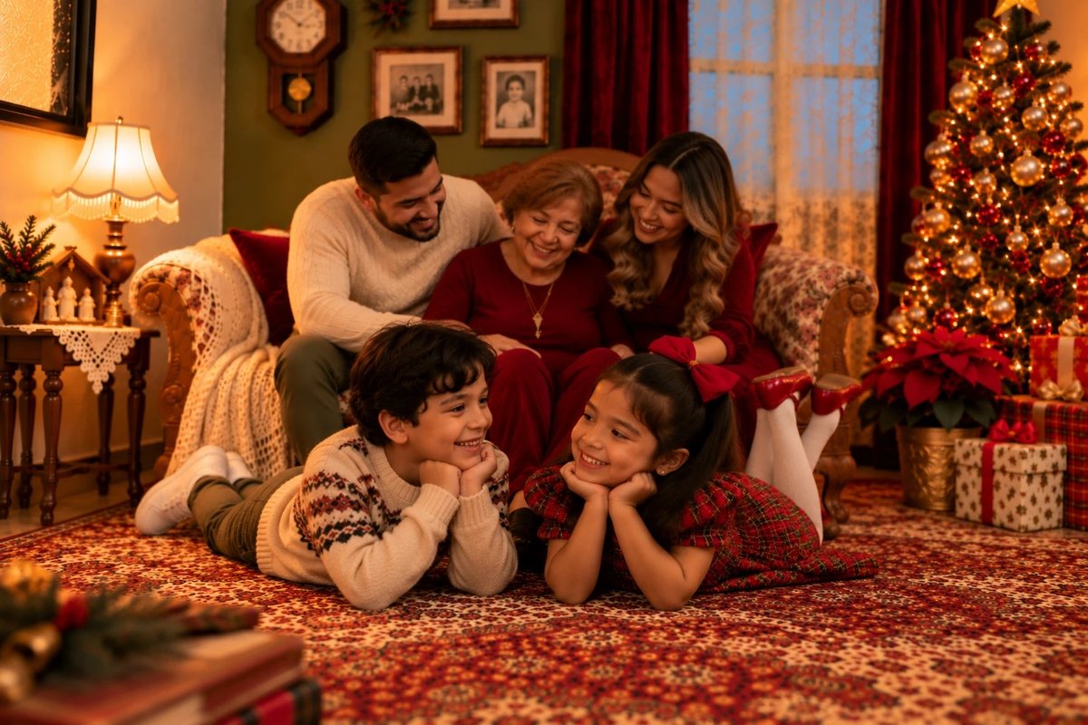 Los niños acostados en la alfombra, la familia detrás
