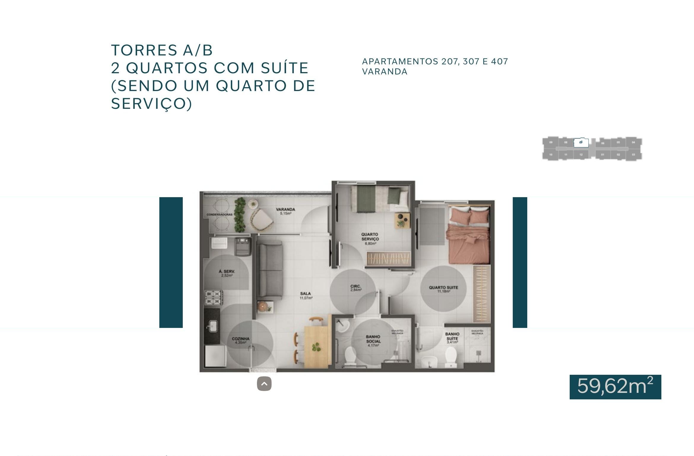 Miniatura Aptos 207, 307 e 407, com quarto de serviço, opção adaptada PCD