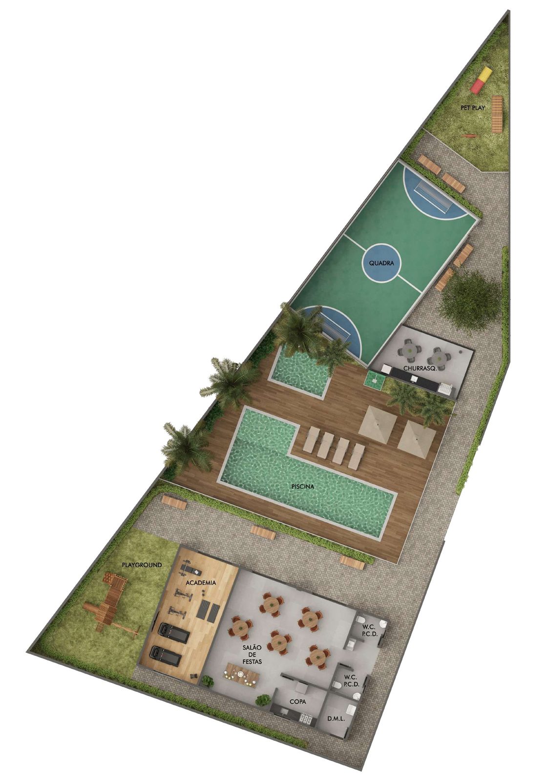 Implantação do lazer do condomínio do Bougainville Residence, no Balneário de Carapebus (perspectiva ilustrativa)