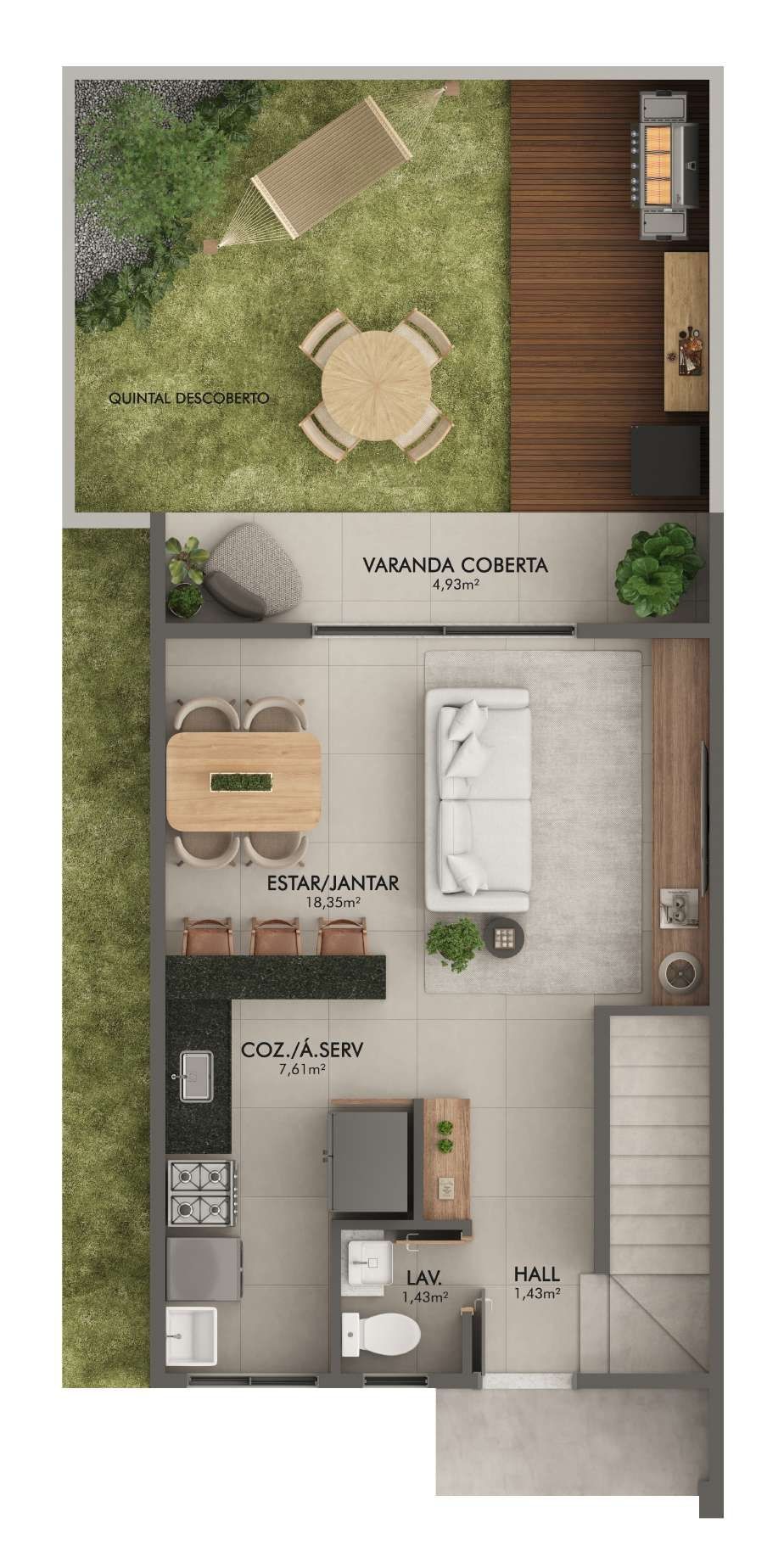 Planta do pavimento térreo da casa do Bougainville Residence
