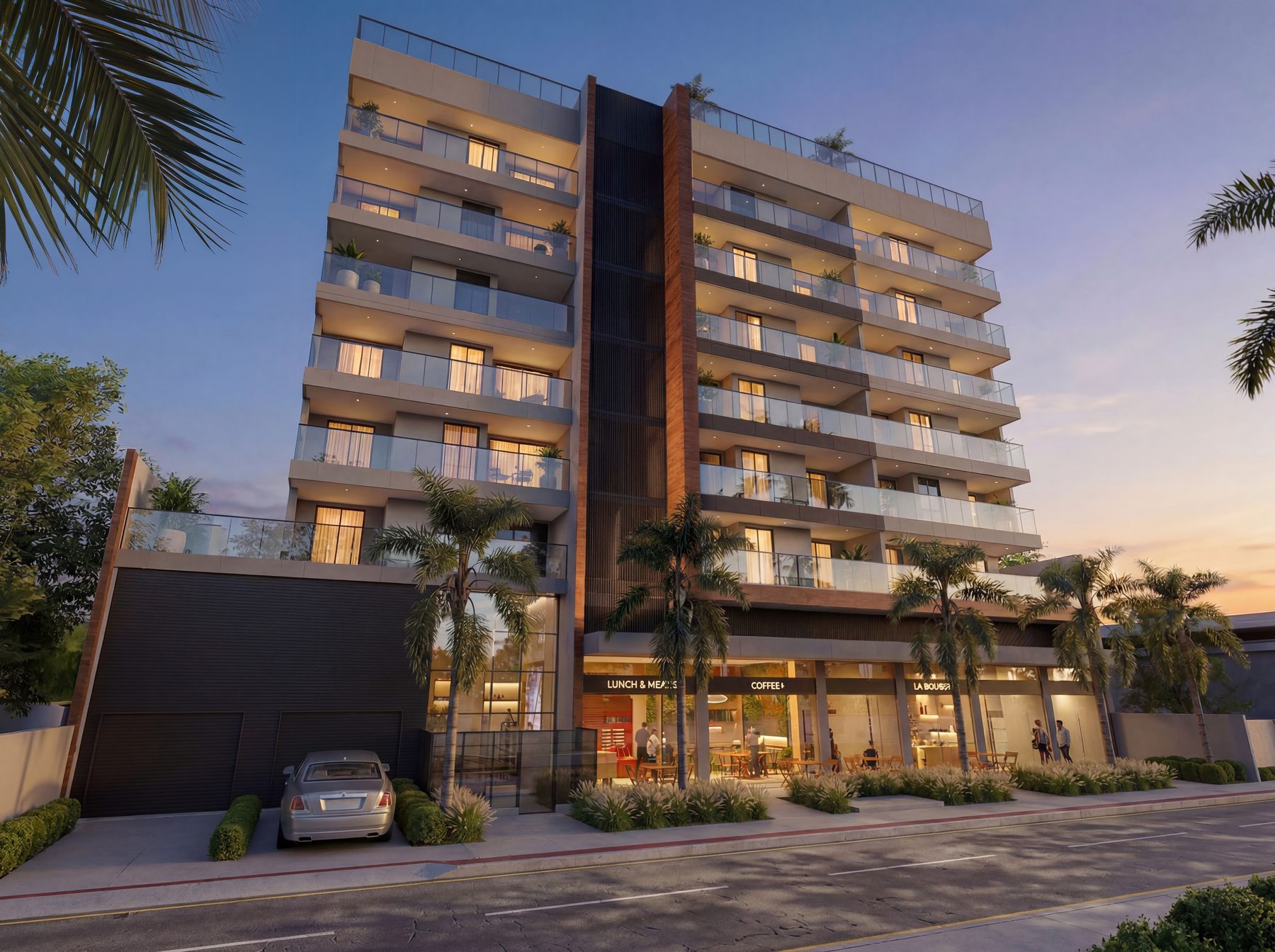 Fachada do Inizio Residencial com as lojas do térreo ao entardecer do Inizio Residencial, no Bairro de Fátima (perspectiva ilustrativa)