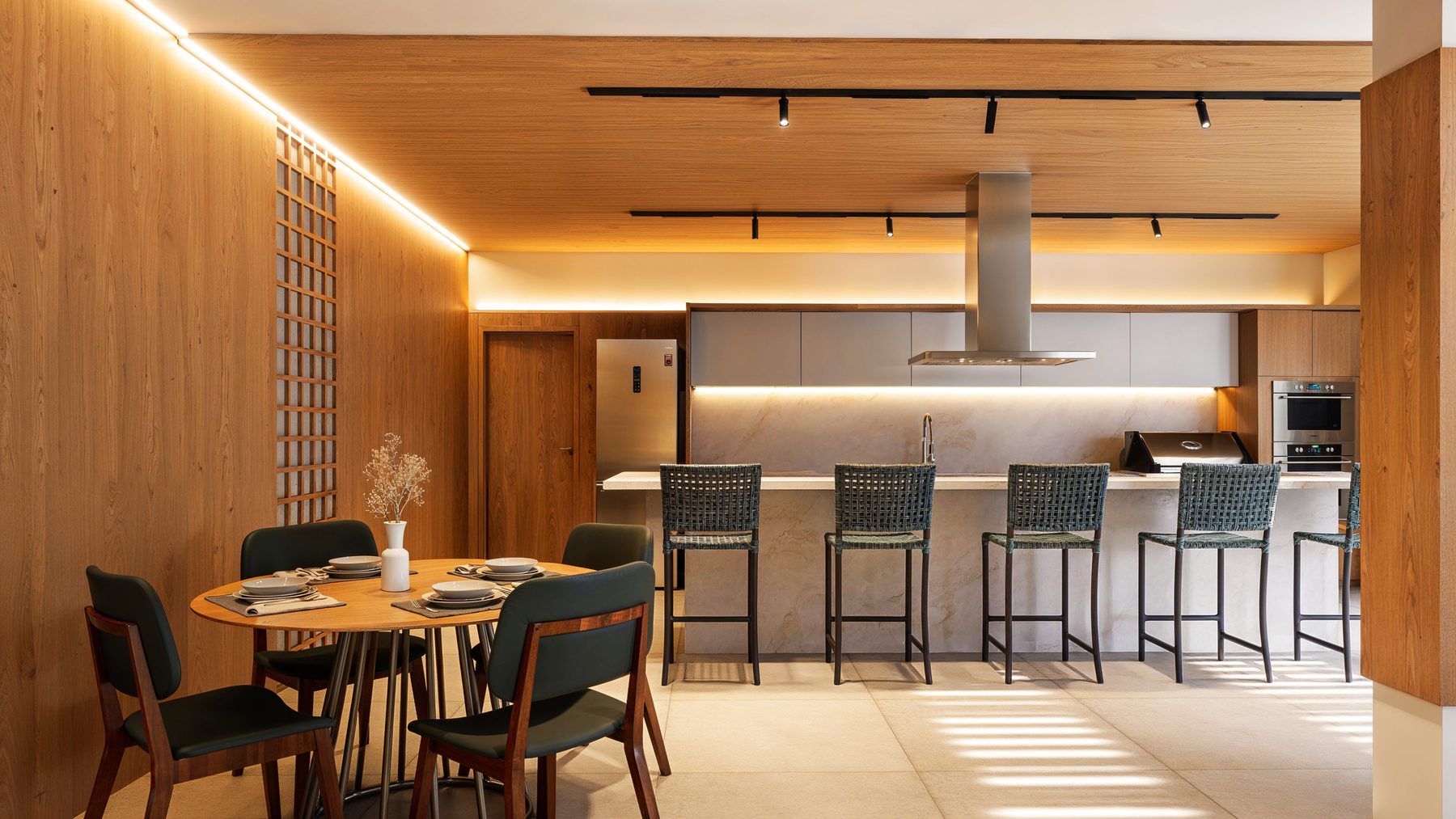 Espaço gourmet: bancada e mesas do Inizio Residencial, no Bairro de Fátima (perspectiva ilustrativa)