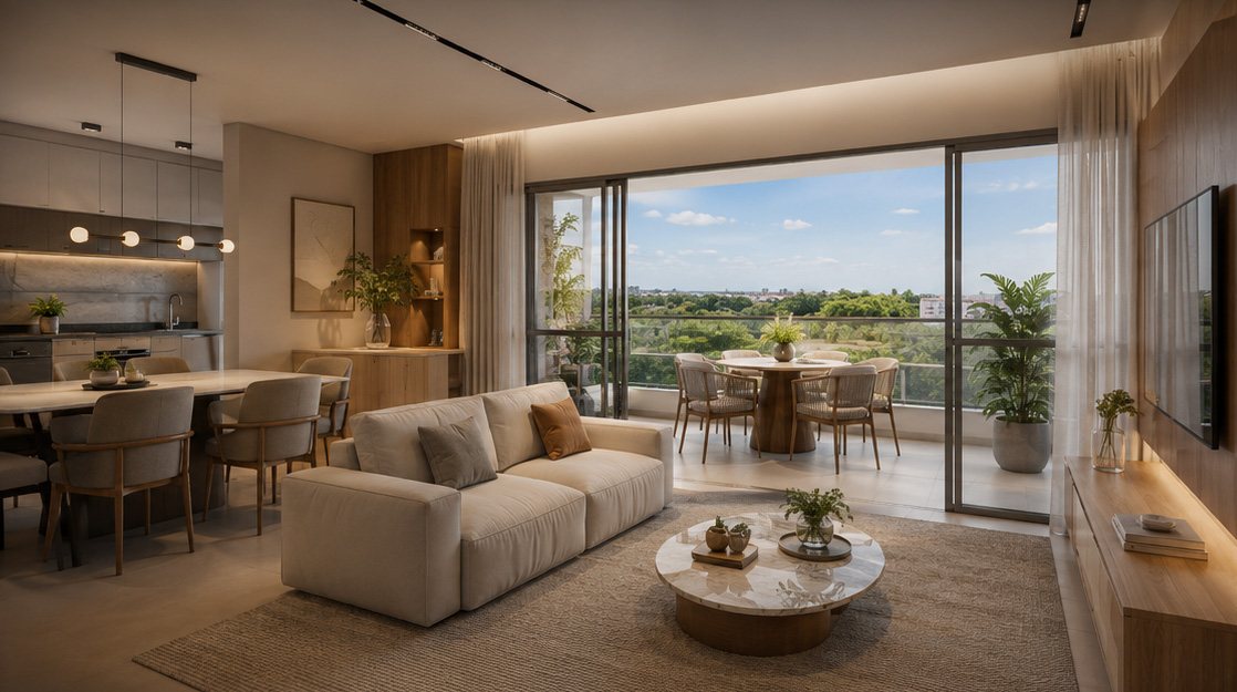 Sala de estar e jantar do Inizio Residencial, no Bairro de Fátima (perspectiva ilustrativa)
