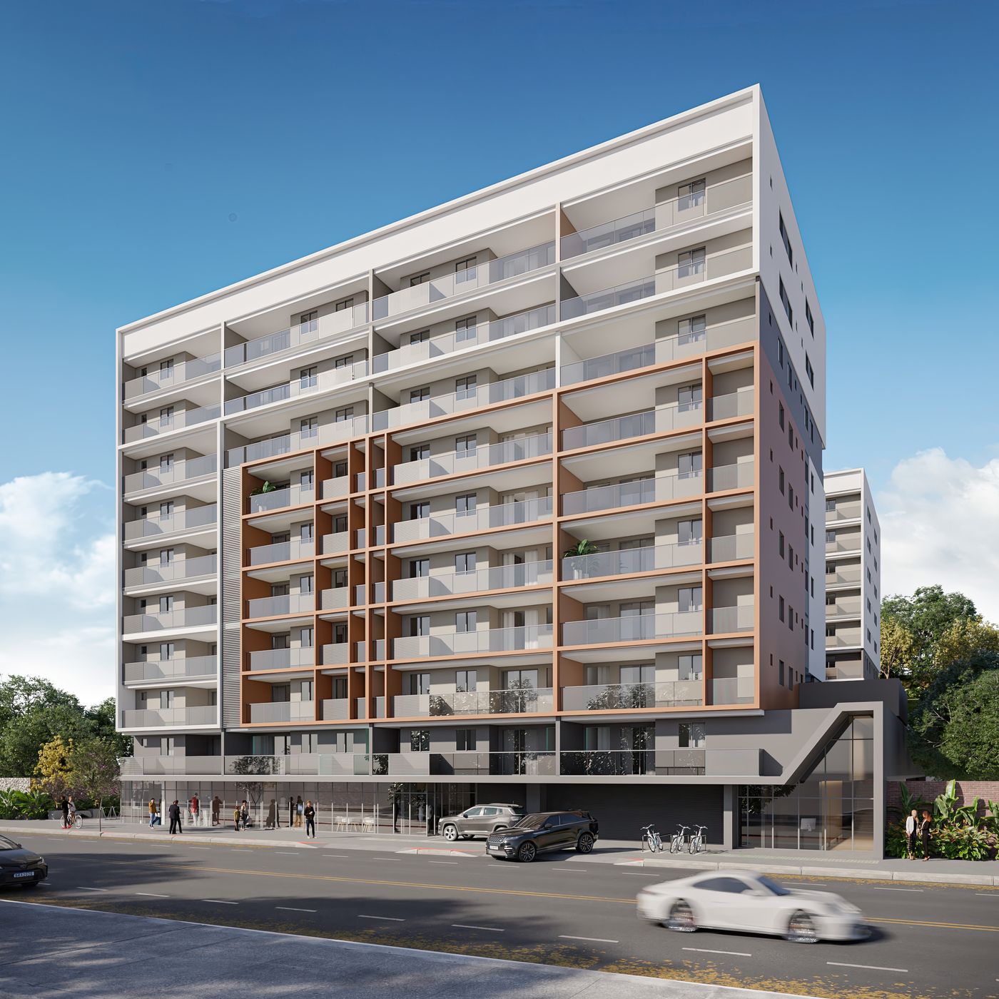 Fachada do RZ25 Residencial Club do RZ25 Residencial Club, em Jardim Camburi (perspectiva ilustrativa)
