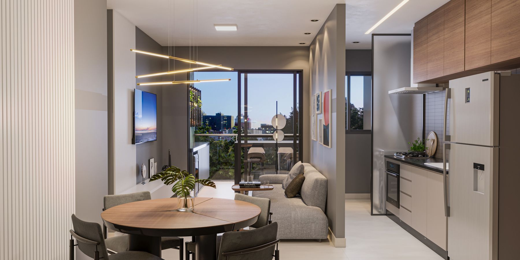 Sala de estar e jantar do RZ25 Residencial Club, em Jardim Camburi (perspectiva ilustrativa)