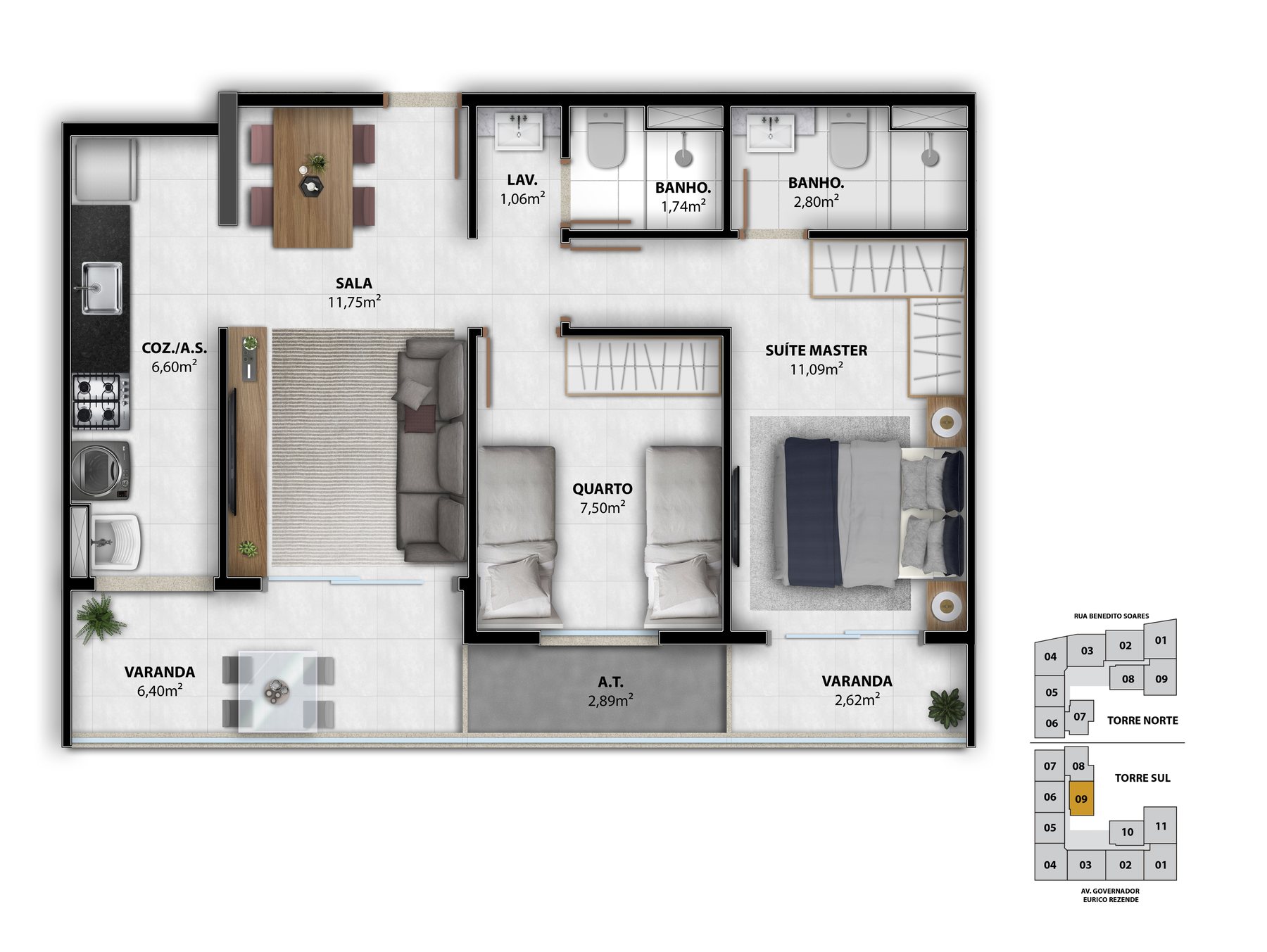 Planta 2 quartos do RZ25 Residencial Club, Torre Sul coluna 9, 61,76 m²