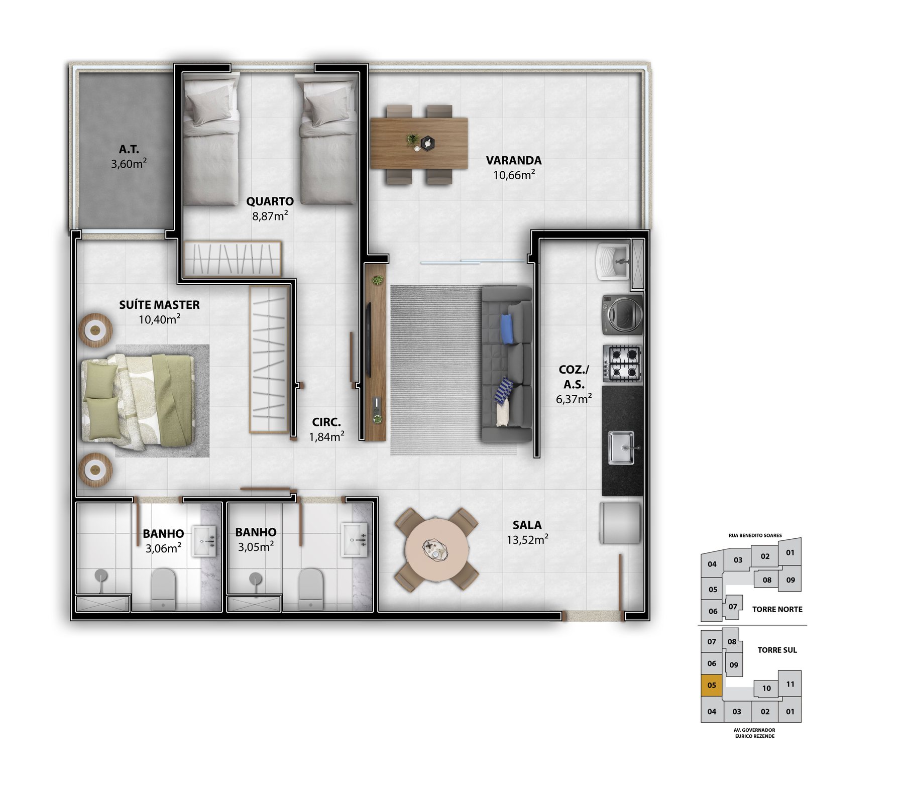 Planta 2 quartos do RZ25 Residencial Club, Torre Sul coluna 5, 67,62 m²