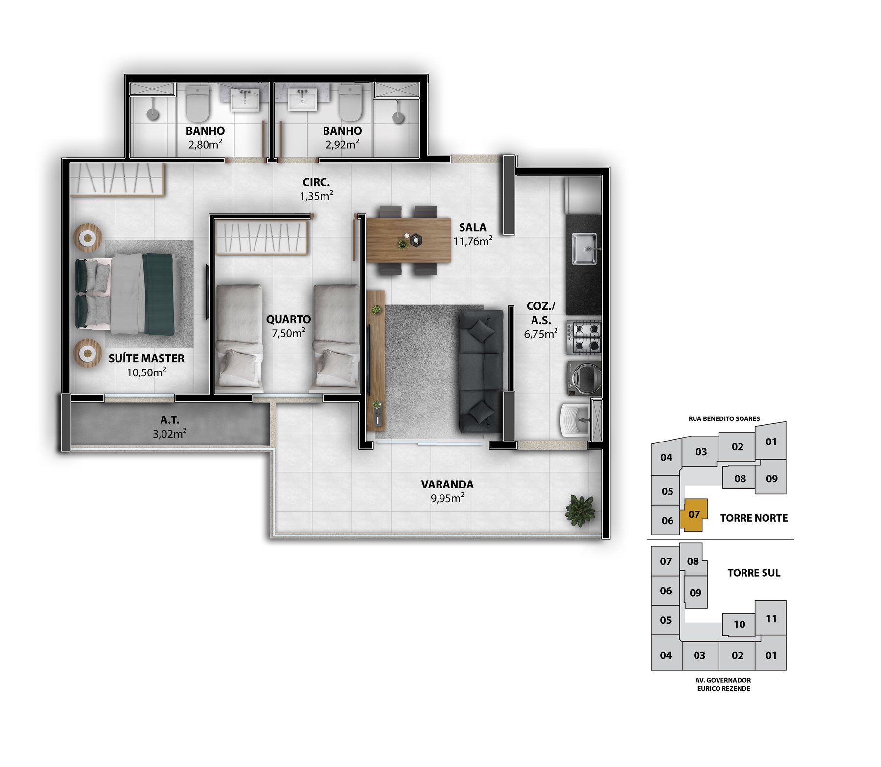 Planta 2 quartos do RZ25 Residencial Club, Torre Norte coluna 7, 62,67 m²