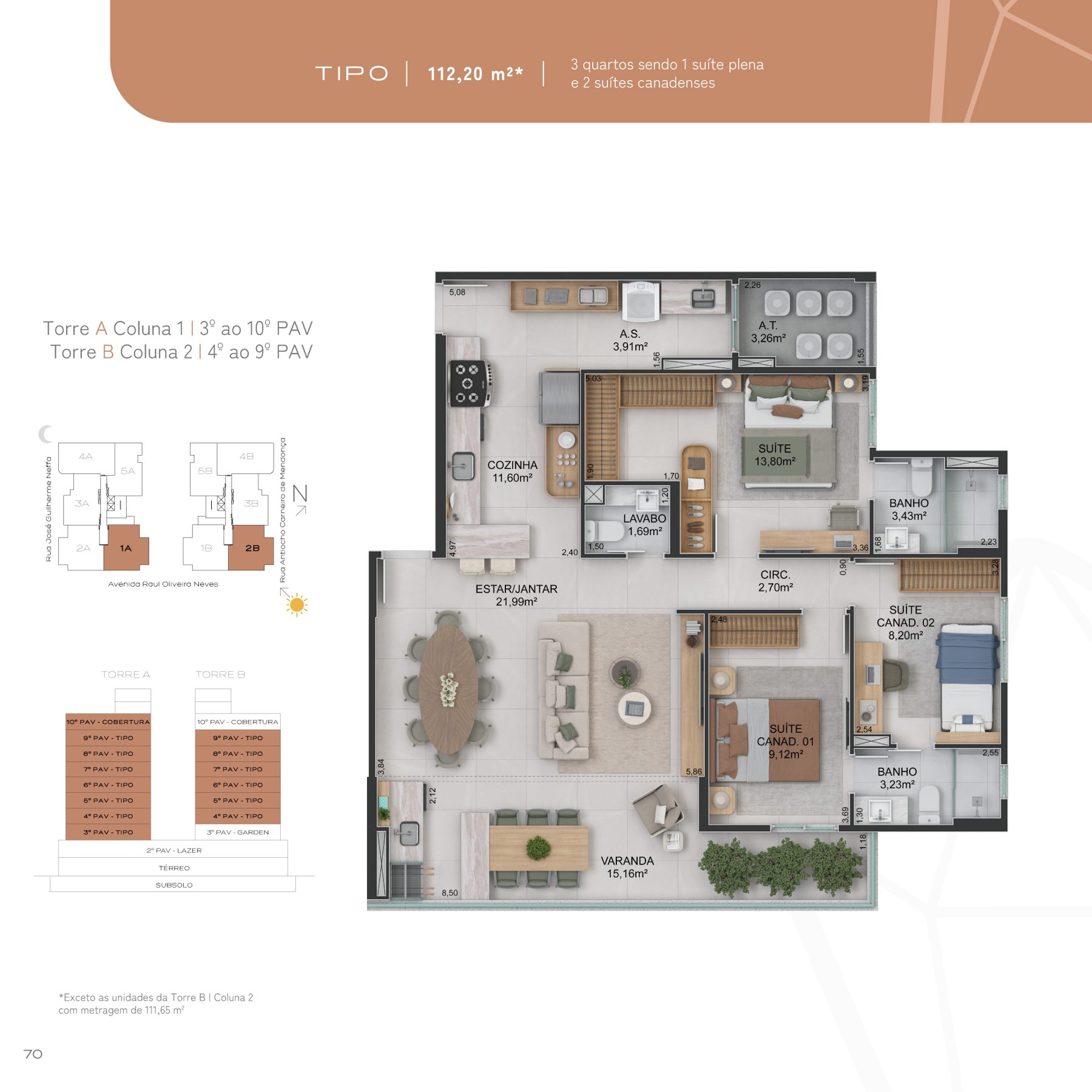 Planta Tipo Coluna 1 do Quartzo by Mivita, 3 quartos, 112,20 m²