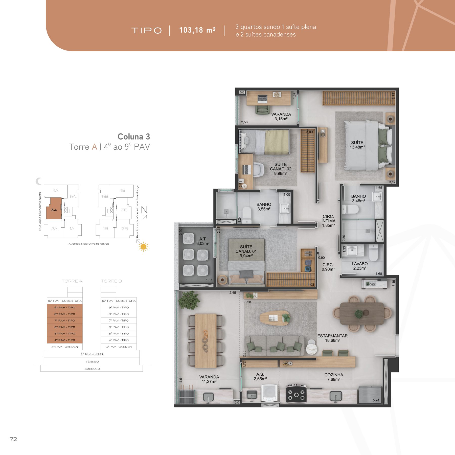 Planta Tipo Coluna 3 do Quartzo by Mivita, 3 quartos, 103,18 m²