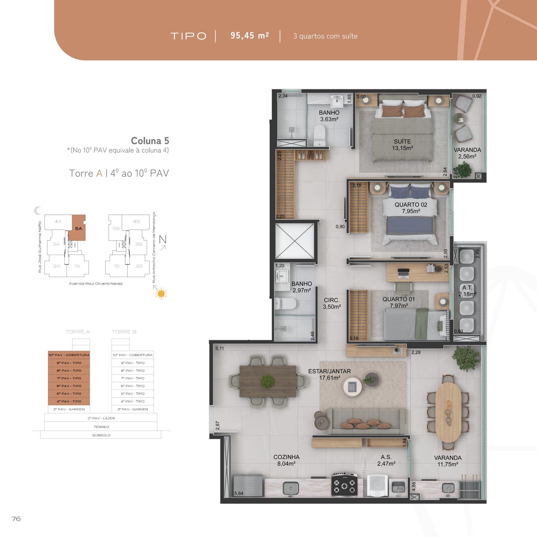 Planta Tipo Coluna 5 do Quartzo by Mivita, 3 quartos, 95,45 m²