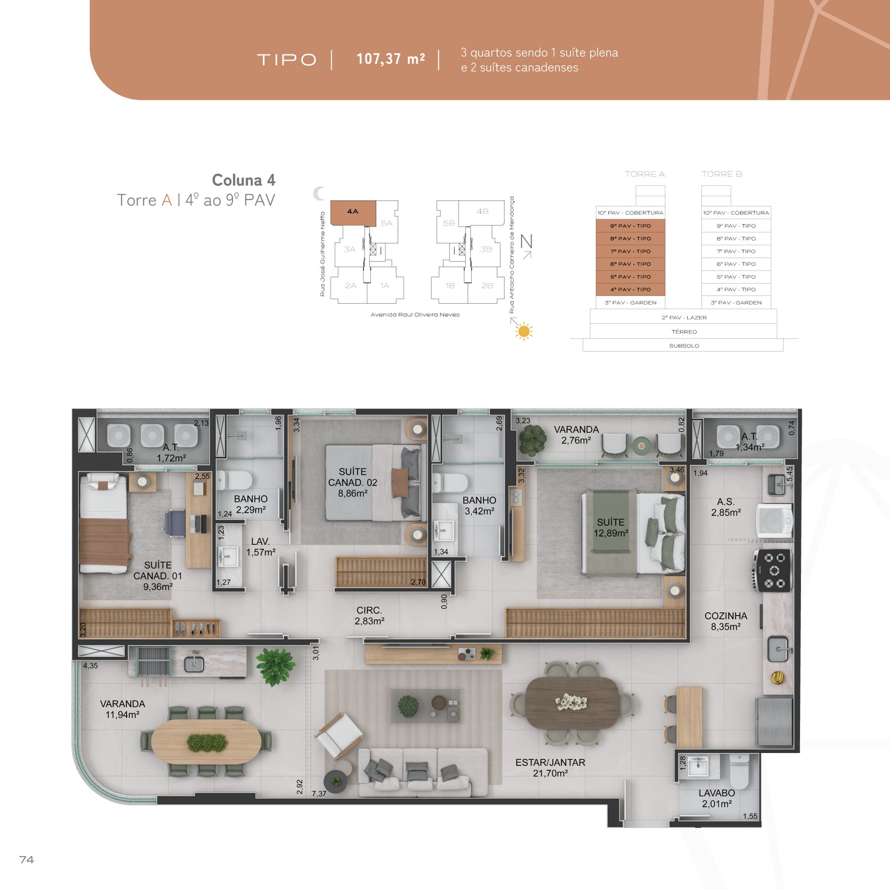 Planta Tipo Coluna 4 do Quartzo by Mivita, 3 quartos, 107,37 m²