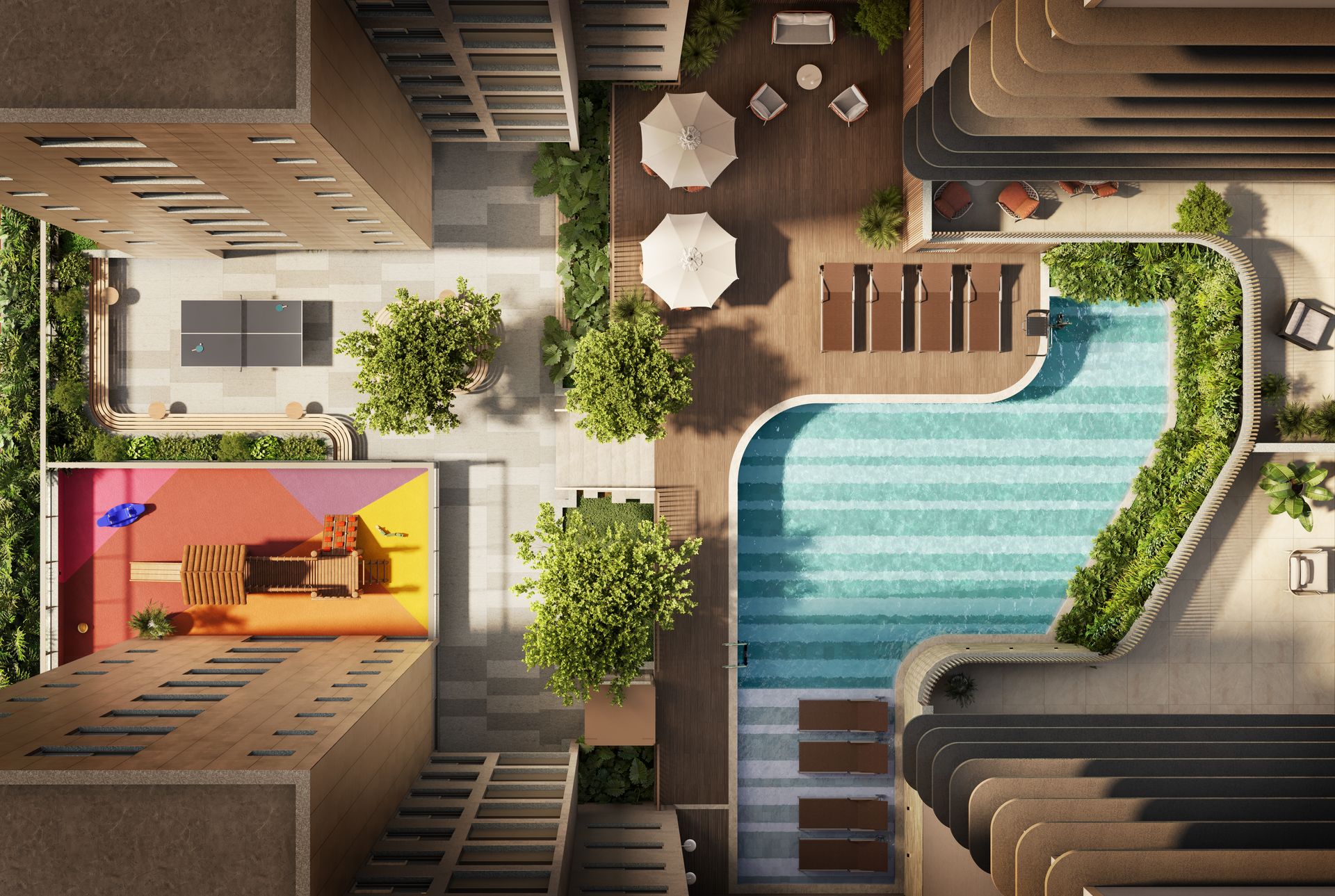 Vista superior do lazer do Quartzo by Mivita, em Jardim Camburi (perspectiva ilustrativa)