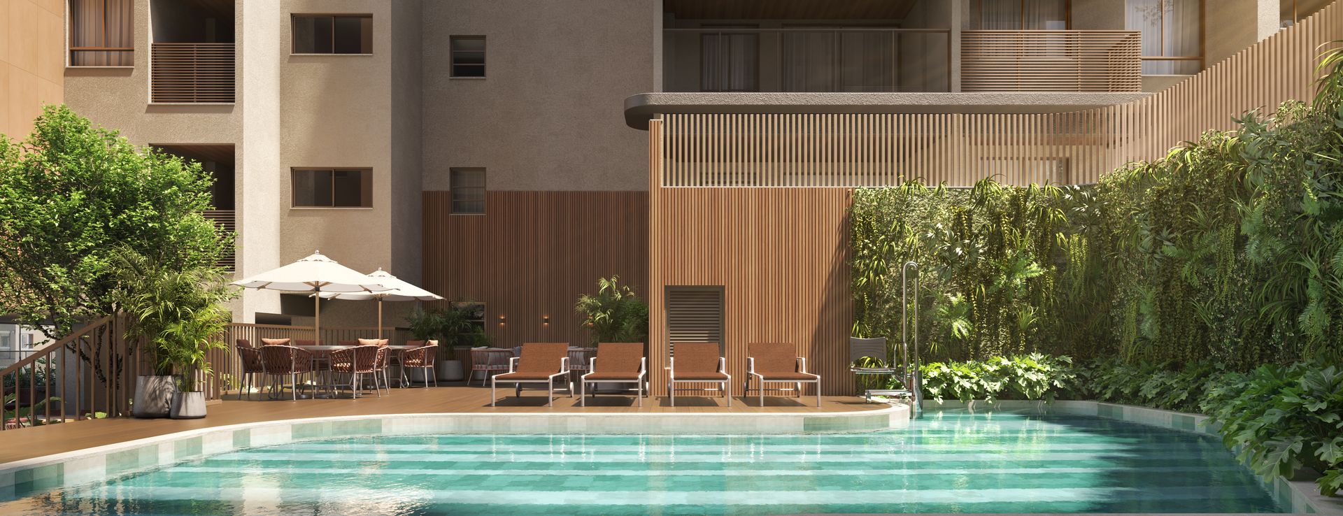 Piscina aquecida com deck e prainha do Quartzo by Mivita, em Jardim Camburi (perspectiva ilustrativa)