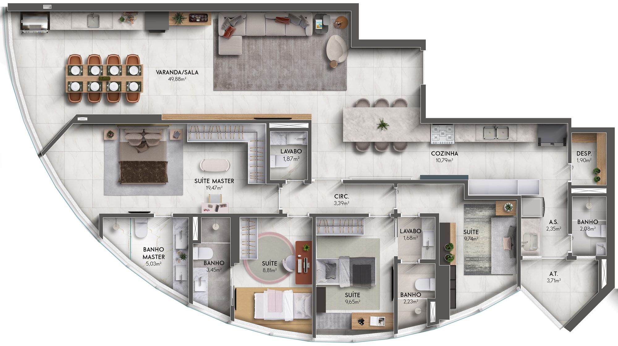 Planta de 4 suítes do UNA Residence, 150 m²