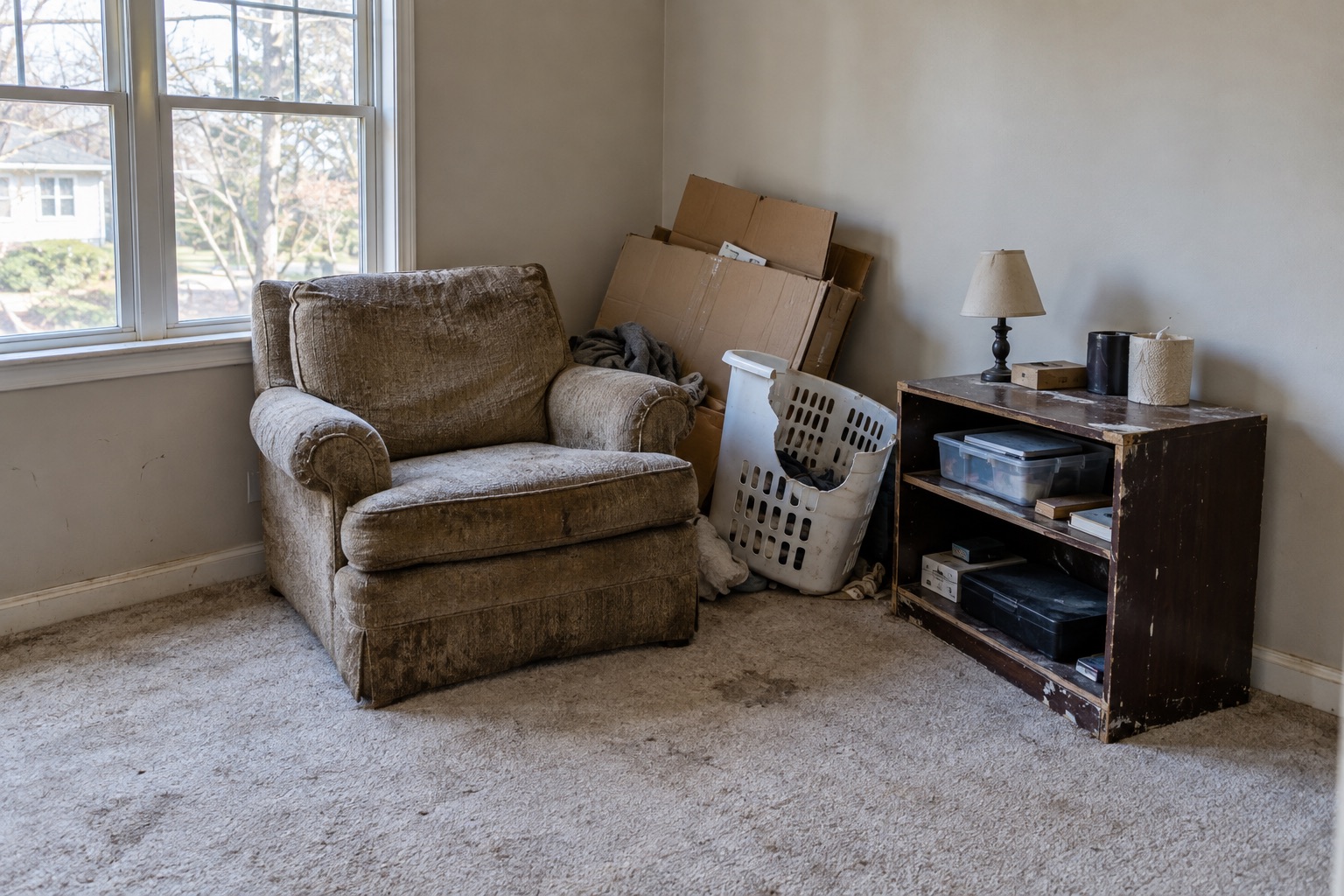 Armchair and cardboard boxes in a room