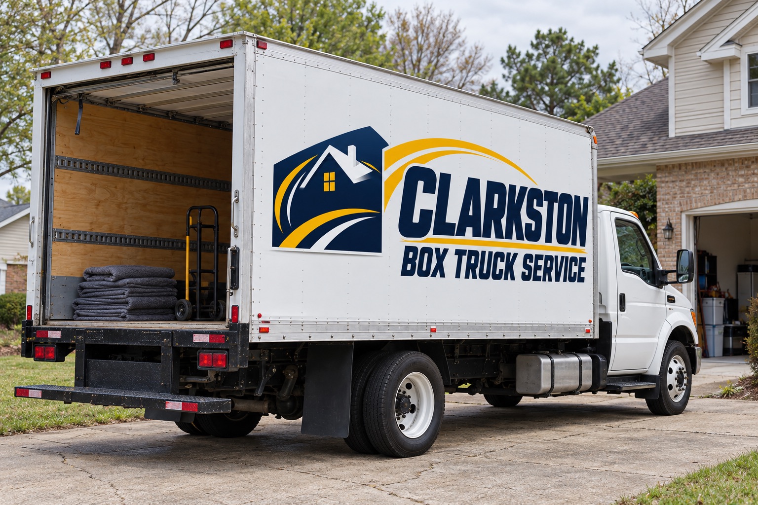 Branded box truck parked beside a garage