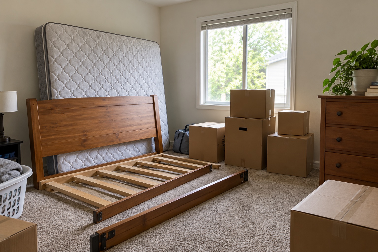 Disassembled bed and boxes in a bedroom