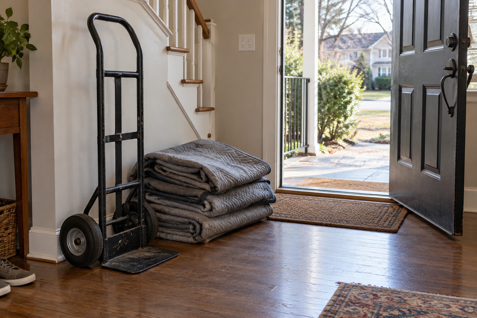 Moving dolly and folded moving blankets at an entrance