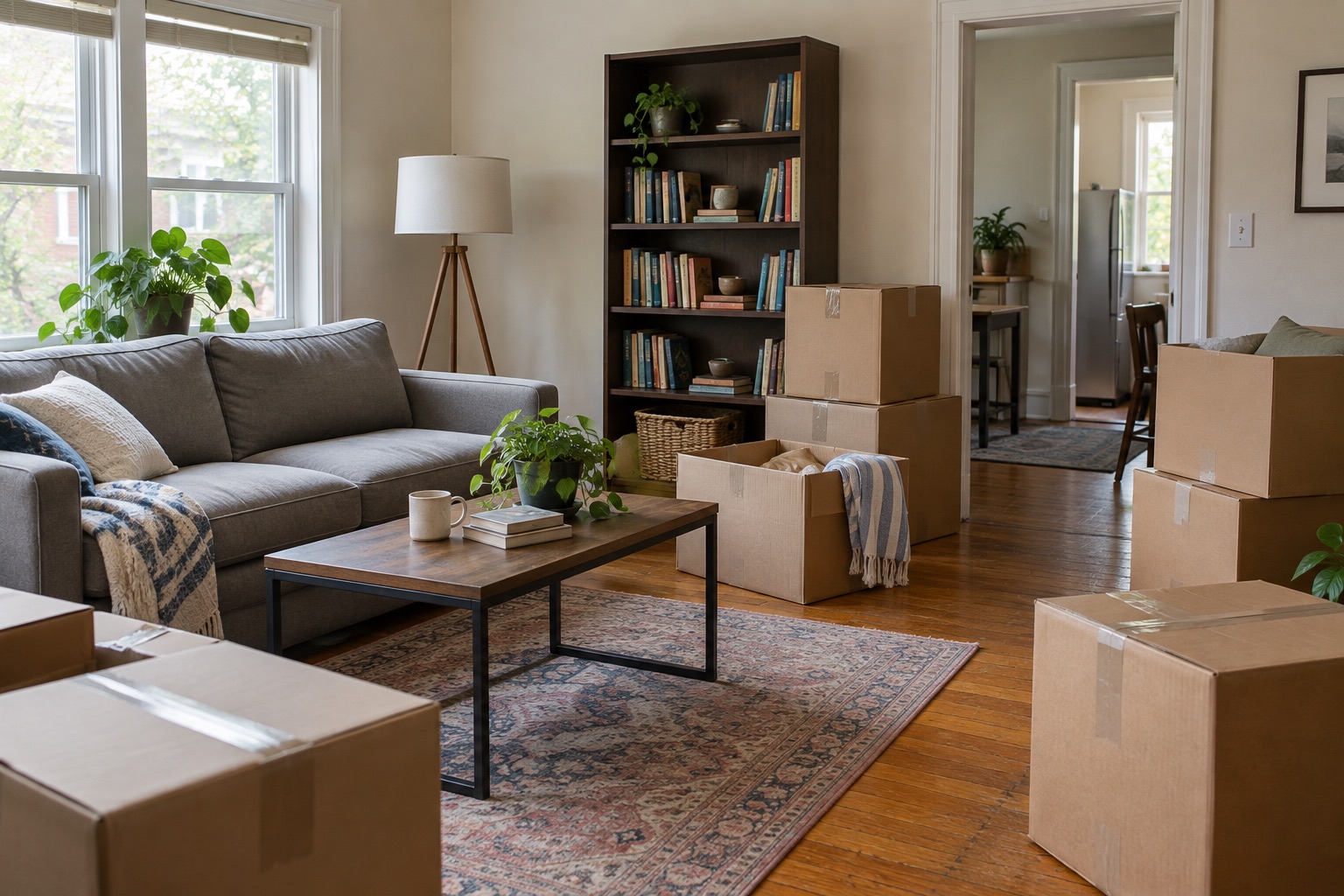 Sofa and packed boxes in a living room