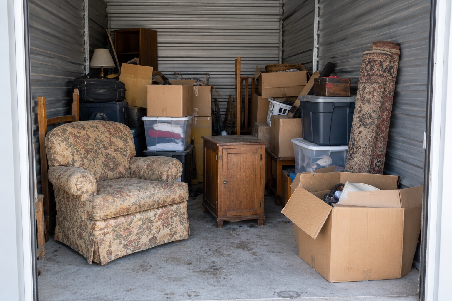 Furniture and boxes in a storage unit