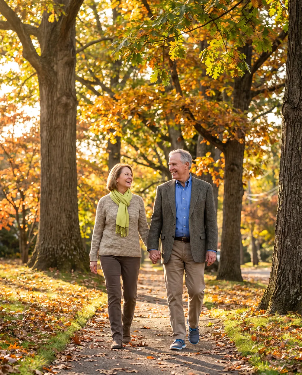 Couple in their sixties walking hand in hand on a tree lined path in autumn