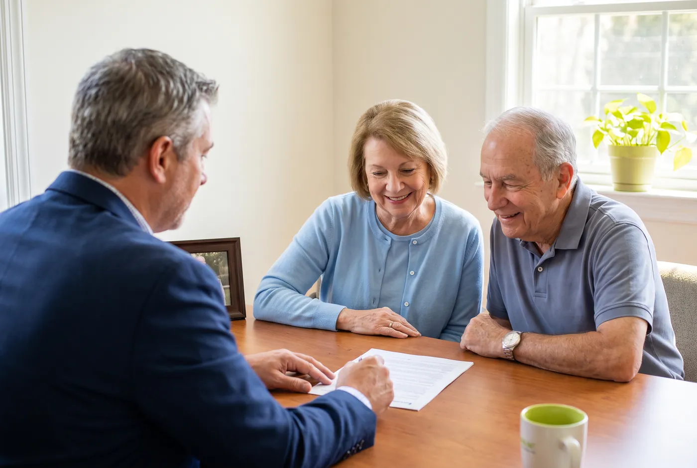 An agent explaining a printed plan to a smiling senior couple at a desk