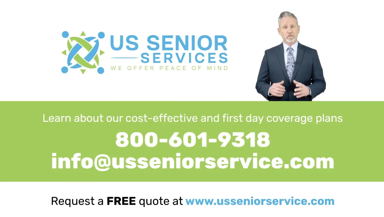 Frame from the US Senior Services commercial: logo, phone number and website